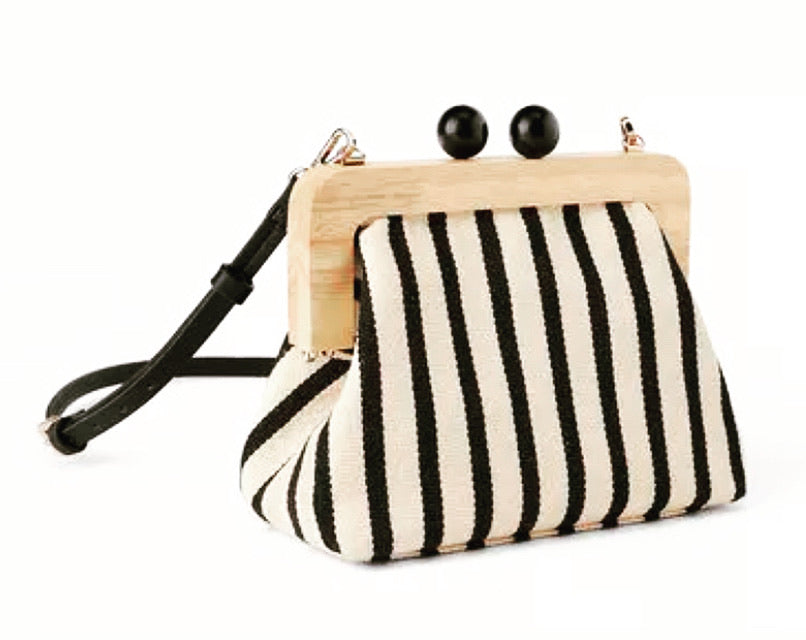 Stripe Wooden Bag Black Ecru Rose Mae Jewellery