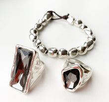 Load image into Gallery viewer, Silver Glass Stone Ring  - Grey Oblong