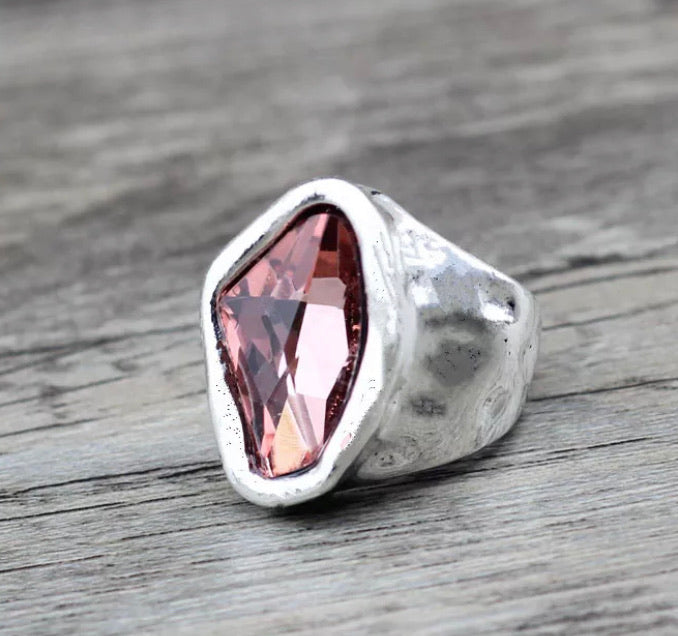 Silver Irregular Oval Glass Stone Ring - Rose