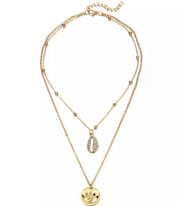 Double Shell/Evil Eye Pendant Necklace