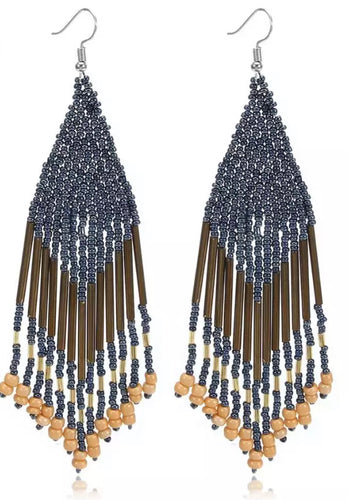 Beaded Boho Tassel Earrings - Gunmetal