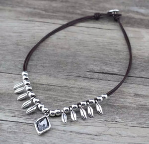Boho Silver/Leather Necklace - Rose
