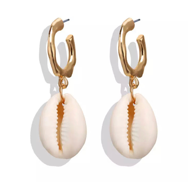 Cowrie Shell Drop Earrings - Gold