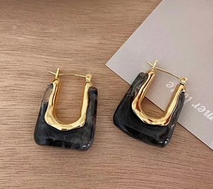 Gold/Resin Hoop Earrings - Grey