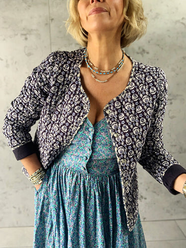 Preloved & Vintage - Flower print Vintage quilted Jacket - Blue/white
