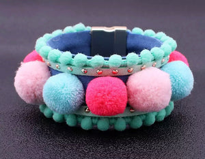 Boho Bracelet - Pink/Blue Pom Pom