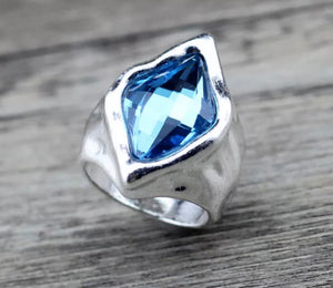 Silver Diamond Stone Glass Ring - Turquoise