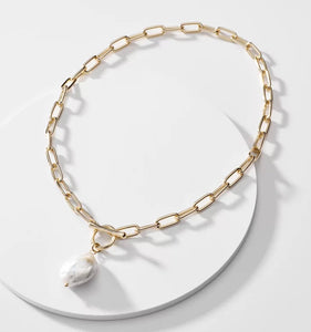 Gold Chain Link Pearl Necklace
