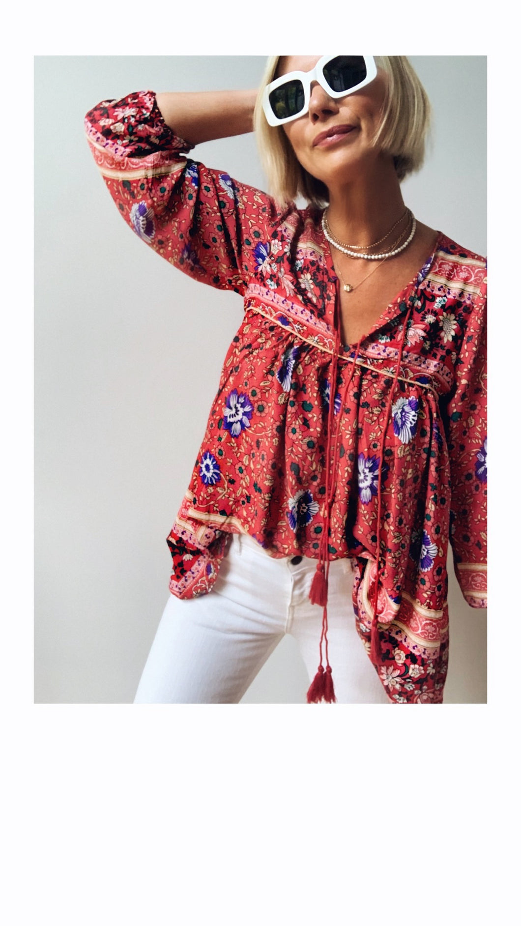 Boho Blouse/Tunic - Red Floral Mix
