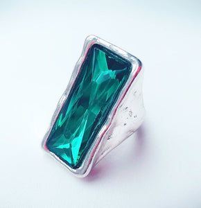 Silver Glass stone Ring - Emerald Oblong