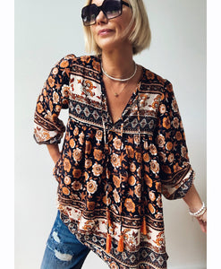 Boho Blouse/Tunic - Black/Orange Mix