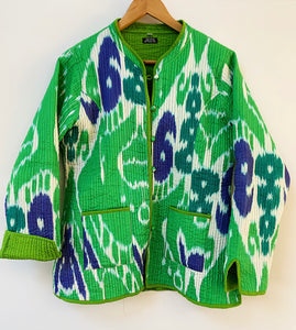Preloved & Vintage - Ikat Boho Quilted Jacket - Green/Blue