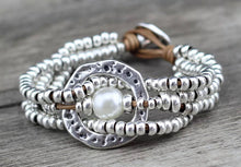 Load image into Gallery viewer, Pearl/Leather/Silver Multi Strand Bracelet
