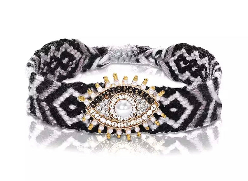 Boho Evil Eye (Good Luck) Woven Bracelet - White/Black