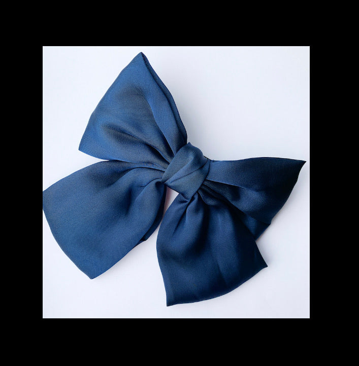 Satin Hair Bow Barrette Clip - Navy Blue