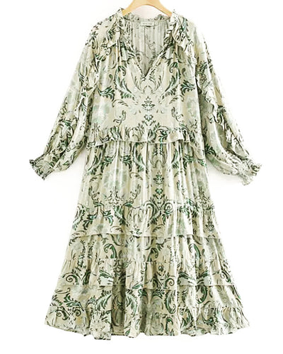 Boho Love Frilled Midi Dress - Pale Green Floral