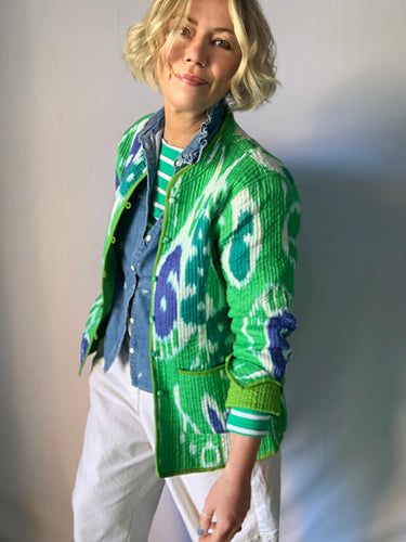 Preloved & Vintage - Ikat Boho Quilted Jacket - Green/Blue