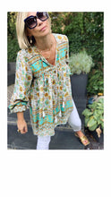 Load image into Gallery viewer, Boho Blouse/Tunic - Floral Blue/Ochre