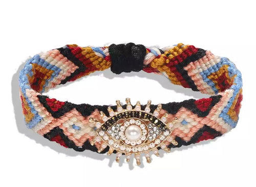 Boho Evil Eye (Good Luck) Woven Bracelet - Brown Multi
