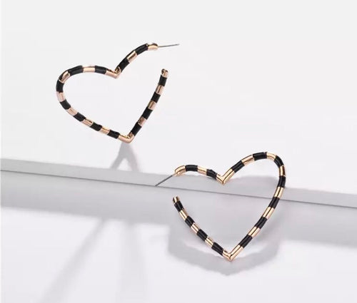 Enamel Heart Hoop Earrings - Black/Gold