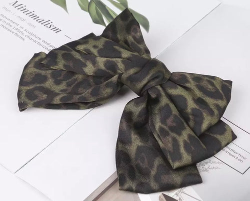 Leopard Hair Bow Barrette - Green