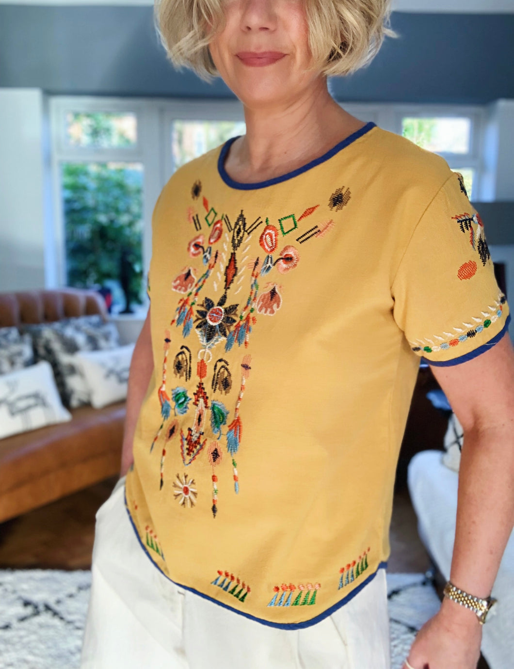 Preloved & Vintage - Vintage mustard embroidered pop over blouse