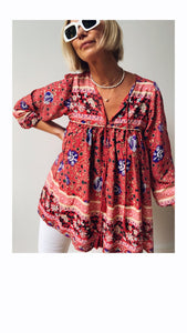 Boho Blouse/Tunic - Red Floral Mix