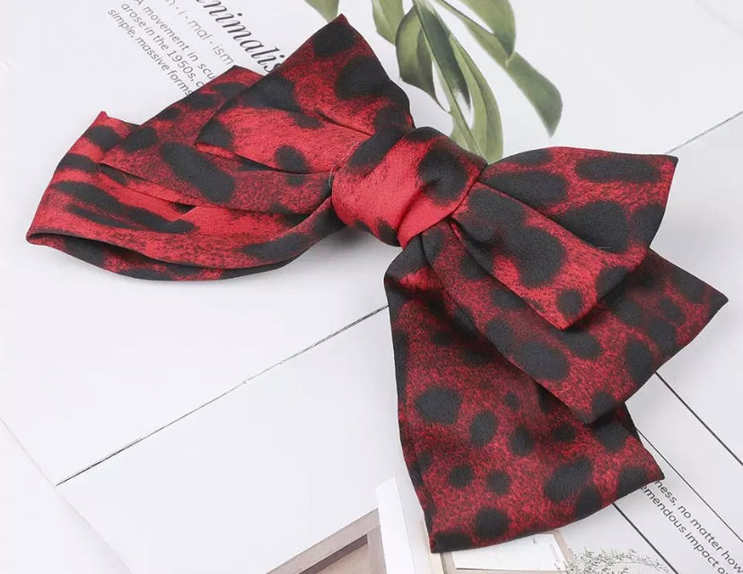 Leopard Hair Bow Barrette - Red
