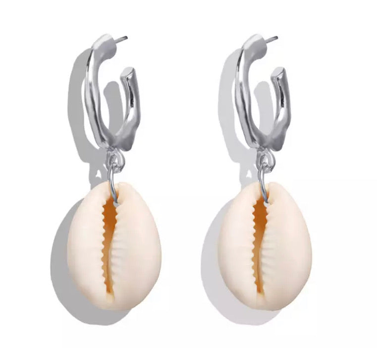 Cowrie Shell Drop Earrings - Silver