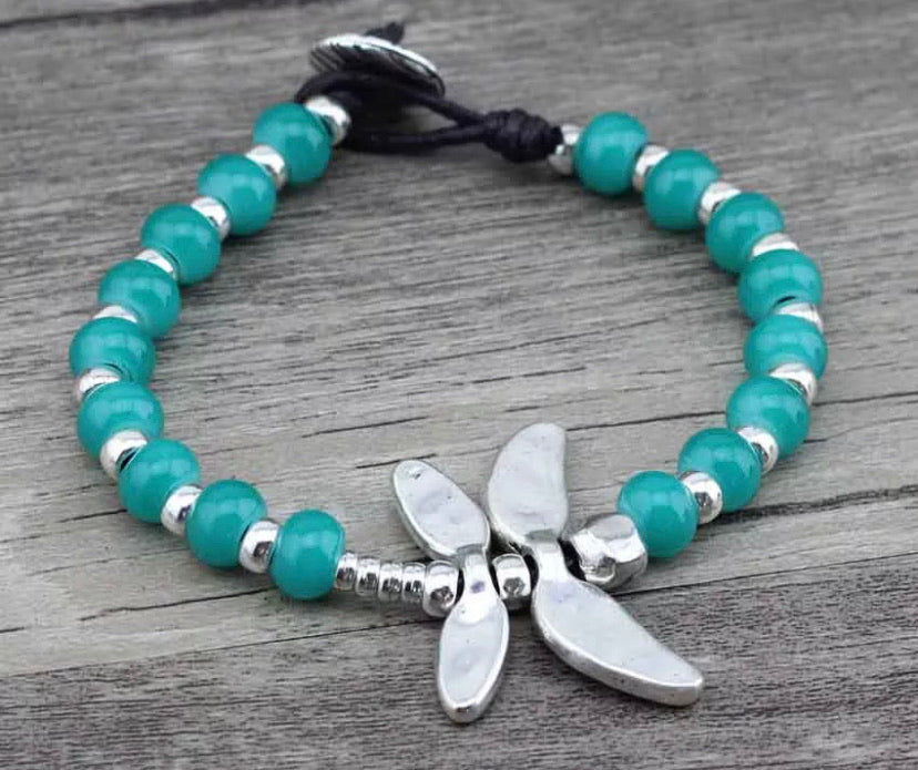Silver Dragonfly Bracelet - Turquoise Green