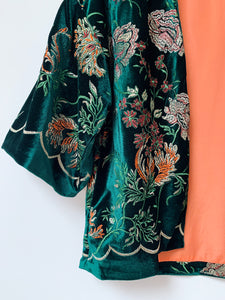 Preloved & Vintage - Vintage style Embroidered Kimono in Green Velvet