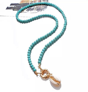 Beaded Cowrie Shell Necklace - Turquoise