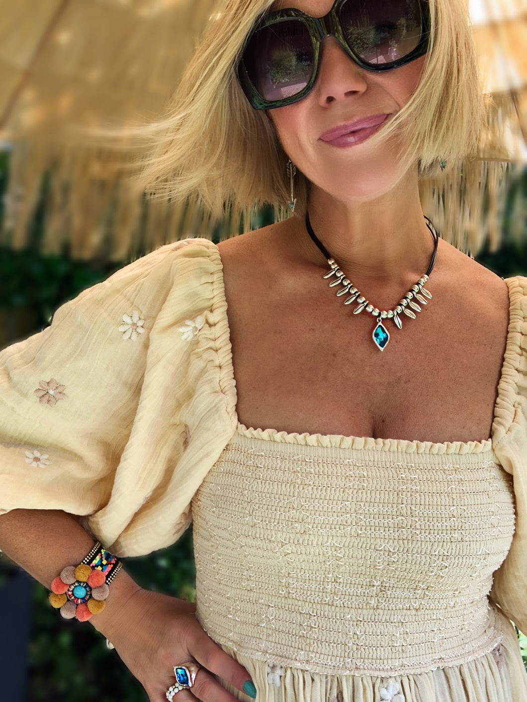 Boho Silver/Leather Necklace - Azure Blue