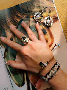 Silver Diamond Stone Glass Ring - Light Honey