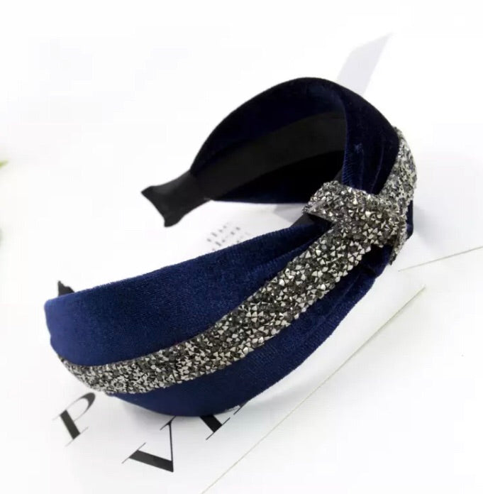 Velvet Hairband with Crystal Knot - Midnight Blue