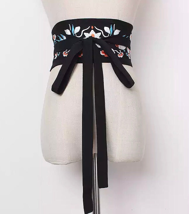 Embroidered Obi Belt - Black