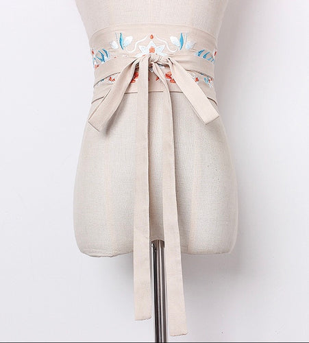 Embroidered Obi Belt - Cream
