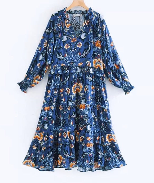 Boho Love Midi Dress - Blue Floral