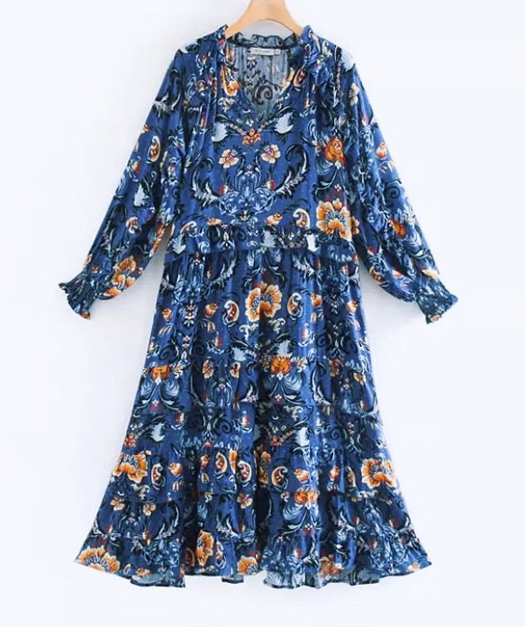 knee length dresses for ladies Florence Midi Dress in Powder Blue & Peach Paisley