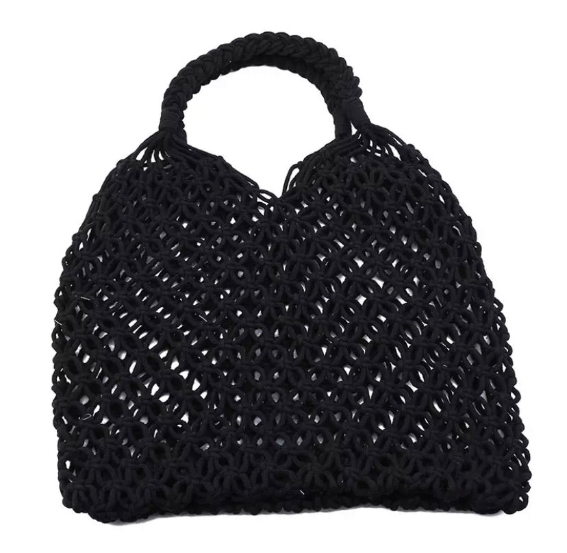 Mesh Cotton Macrame Woven Bag - Black