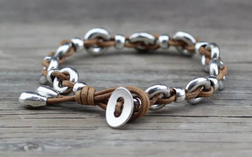 Leather/Silver Disc Bracelet