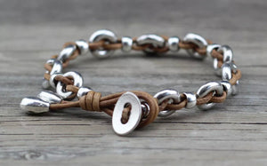Leather/Silver Disc Bracelet