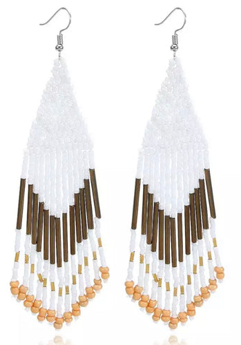 Beaded Boho Tassel Earrings - White