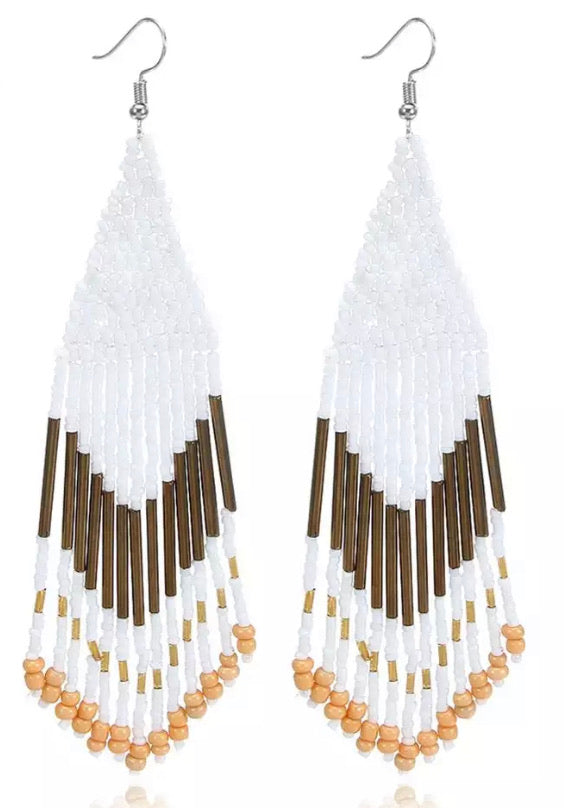 Beaded Boho Tassel Earrings - White